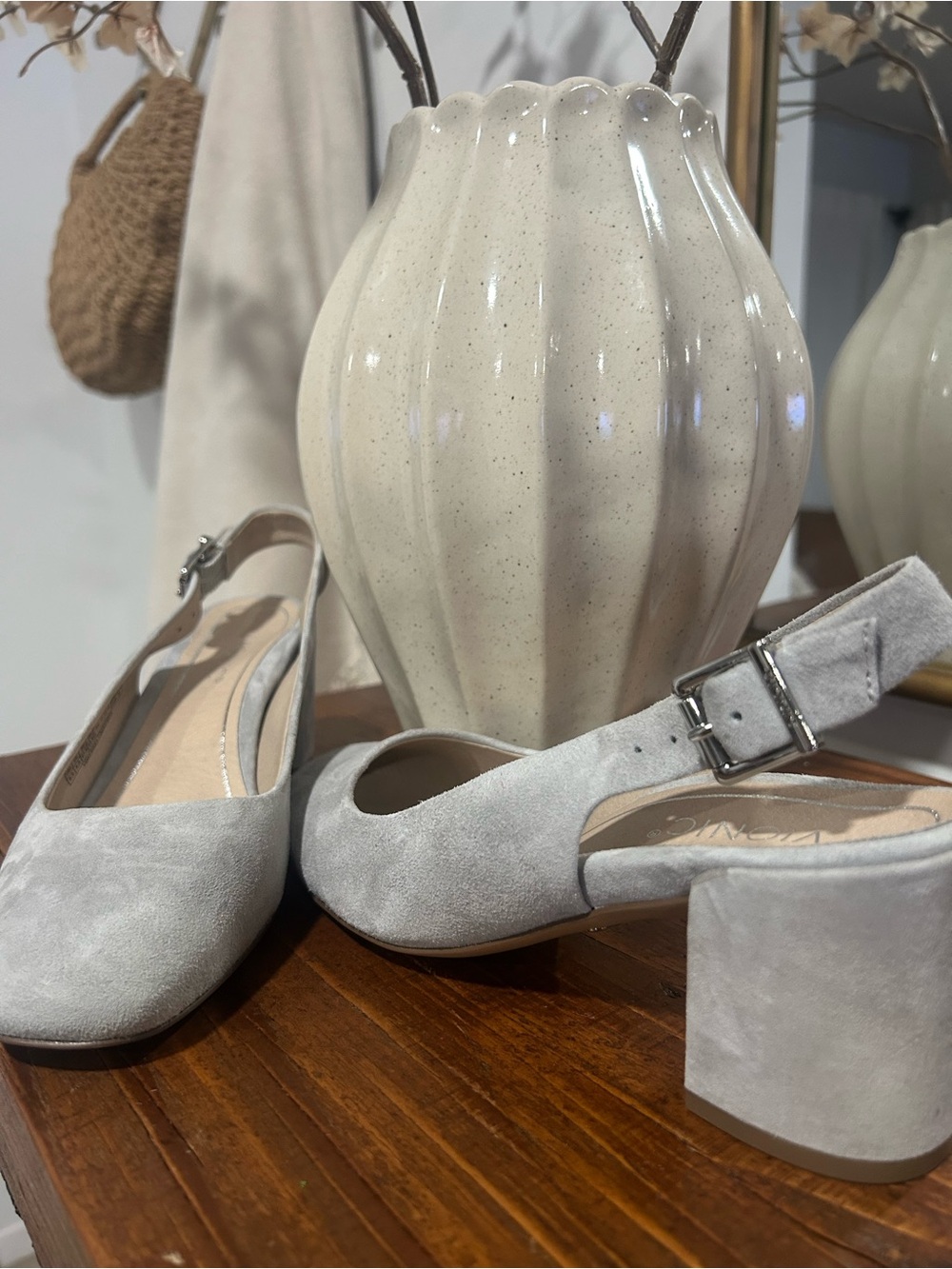 Vionic Light Grey Suede Slingback Block Heels